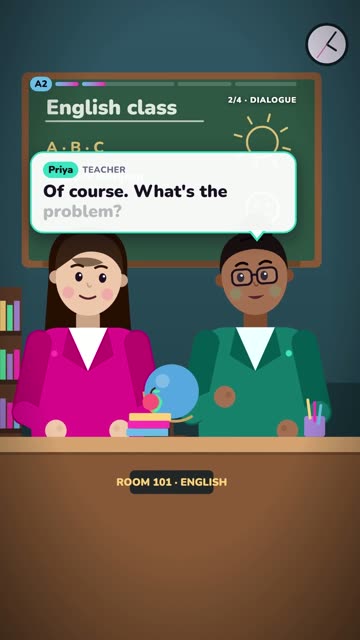 LearnTok English video: two students in class, with Spanish subtitles